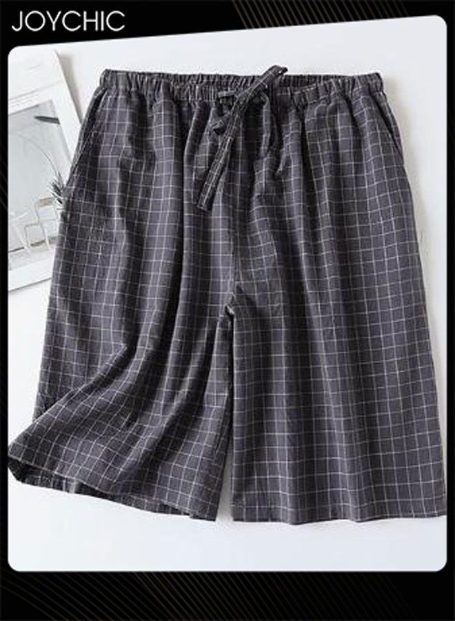 Joychic Japanese Style Plaid Pajama Bottom Men Summer Pure Cotton Sweat-absorbent Loose Double-layer Gauze Home Pants Dark Grey  - Image 1