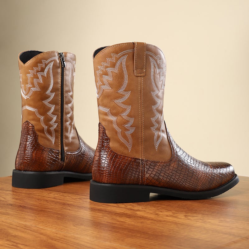 New Western Cowboy Boots Breathable Round Toe Boots British Style Trendy Leather Boots Men'S Simple Mid-Top Martin Boots - Image 3