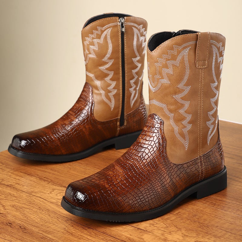 New Western Cowboy Boots Breathable Round Toe Boots British Style Trendy Leather Boots Men'S Simple Mid-Top Martin Boots - Image 2
