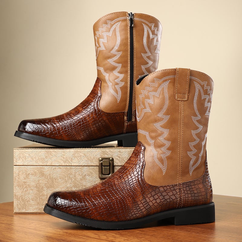 New Western Cowboy Boots Breathable Round Toe Boots British Style Trendy Leather Boots Men'S Simple Mid-Top Martin Boots - Image 4