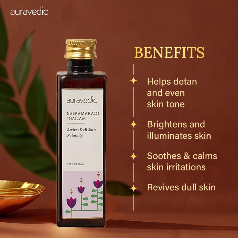 Auravedic Nalpamaradi Thailam Face Oil | Ayurvedic Massage Oil | Helps Revive Dull Skin & Reduce Facial Lines | Natural Moisturization with Vetiver & Sandalwood | 3.38 Fl Oz (100ml) - Image 4