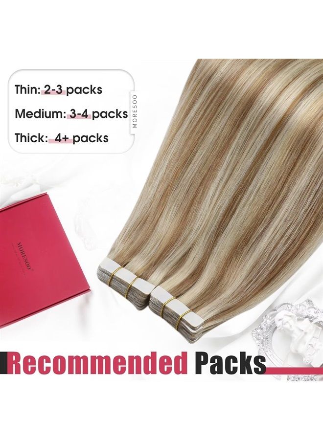Moresoo Blonde Highlighted Tape in Extensions Human Hair Seamless Hair Extensions Tape in Blonde Human Hair Extensions Invisible Tape in Blonde Hair Extensions 24 Inch #P6/60 20pcs 50g