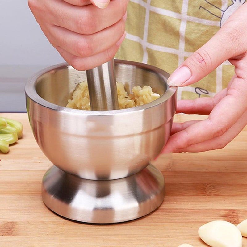 Mugath Stainless Steel Mortar and Pestle Set Mortar and Pestle Bowl Set Metal Grinder Pill Crusher Bowl Holder with Anti Slip Base for Guacamole Herbs Spices Garlic - Image 3
