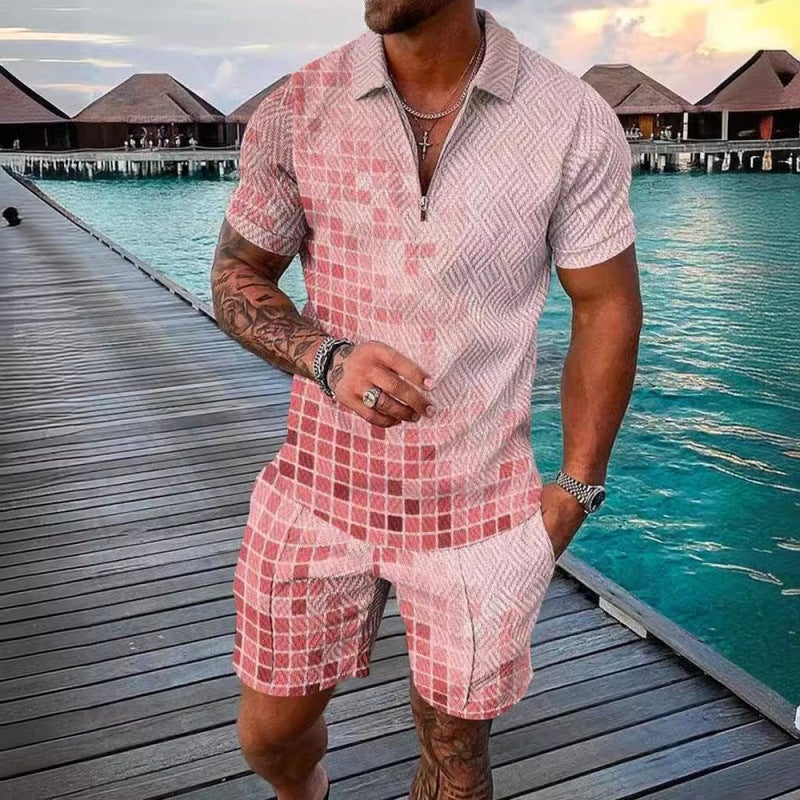 Men's 3D Printed Polo Zip Neck Short Sleeve T-Shirt and Shorts Set - Image 2