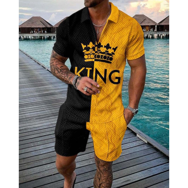Men's 3D Printed Polo Zip Neck Short Sleeve T-Shirt and Shorts Set - Image 3