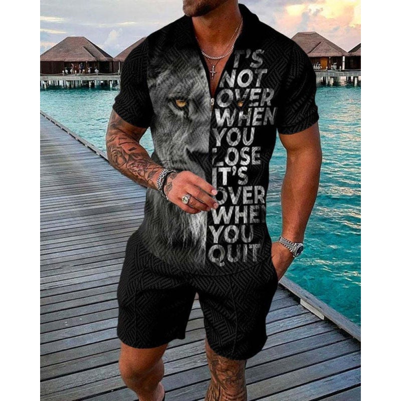 Men's 3D Printed Polo Zip Neck Short Sleeve T-Shirt and Shorts Set - Image 4