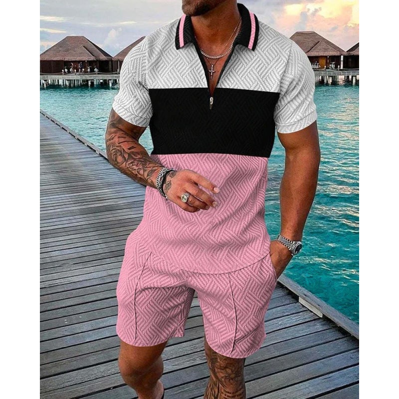 Men's 3D Printed Polo Zip Neck Short Sleeve T-Shirt and Shorts Set - Image 1