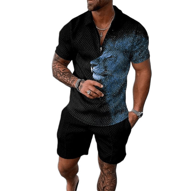 Men's 3D Printed Polo Zip Neck Short Sleeve T-Shirt and Shorts Set - Image 5