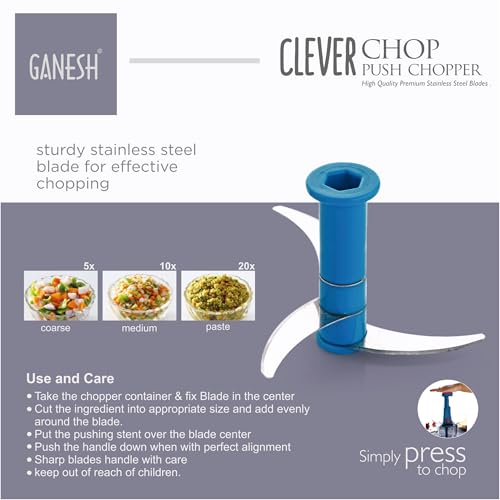 Ganesh Clever Chop Push Chopper Manual Hand Press Push Chopper with 3 Blades for Effortless Chopping Vegetables & Fruits-600ML, Multicolor - Image 4