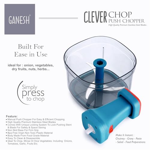 Ganesh Clever Chop Push Chopper Manual Hand Press Push Chopper with 3 Blades for Effortless Chopping Vegetables & Fruits-600ML, Multicolor - Image 5