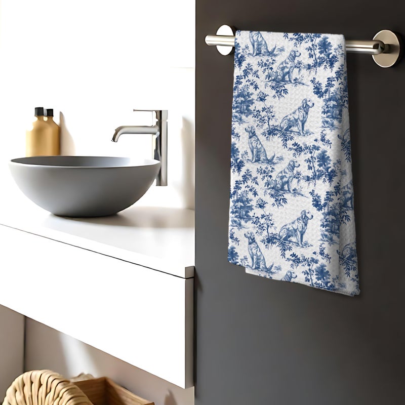 Nipil Chinoiserie Golden Retriever Kitchen Towels, Golden Retriever Gifts Decorative Dish Tea Towels, Blue and White Floral Grandmillennial Botanical Dog Hand Towels for Kitchen Bathroom, 16x24 Inch - Image 3