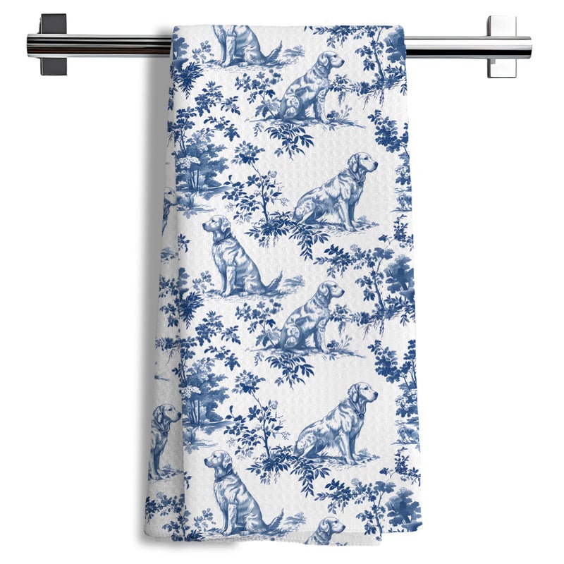 Nipil Chinoiserie Golden Retriever Kitchen Towels, Golden Retriever Gifts Decorative Dish Tea Towels, Blue and White Floral Grandmillennial Botanical Dog Hand Towels for Kitchen Bathroom, 16x24 Inch - Image 1