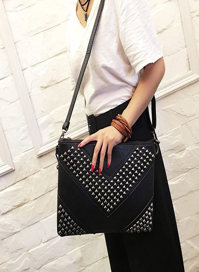 NIGEDU Oversized Clutch Bag Purse Women PU Leather Crossbody Shoulder Bags Studded Wristlet Handbag Rivet Envelope Clutches, Black, Large - Image 3