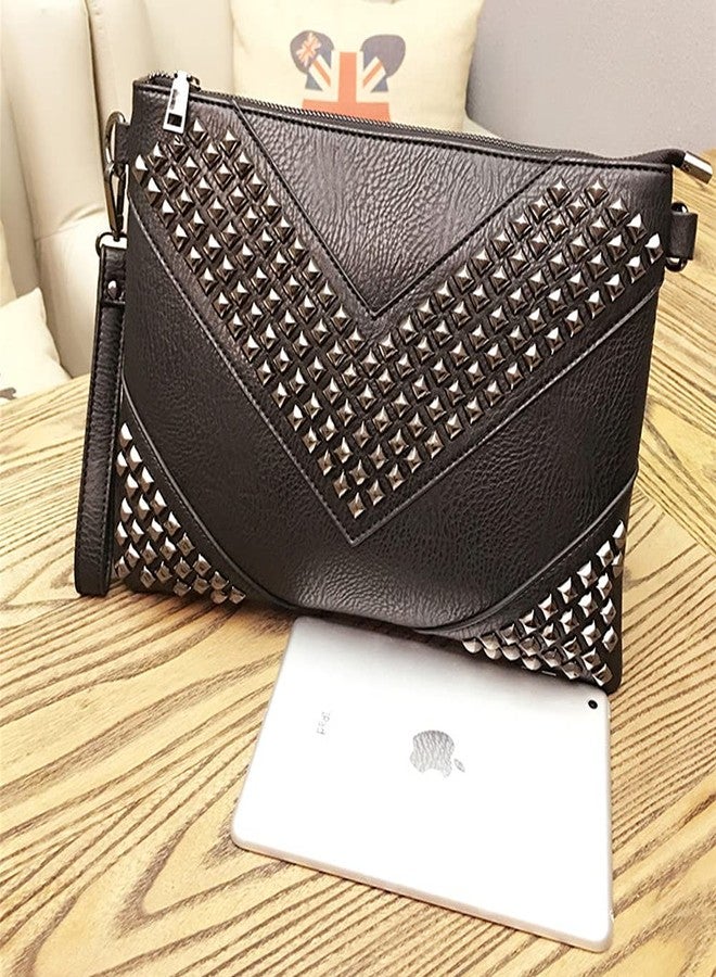 NIGEDU Oversized Clutch Bag Purse Women PU Leather Crossbody Shoulder Bags Studded Wristlet Handbag Rivet Envelope Clutches, Black, Large - Image 4