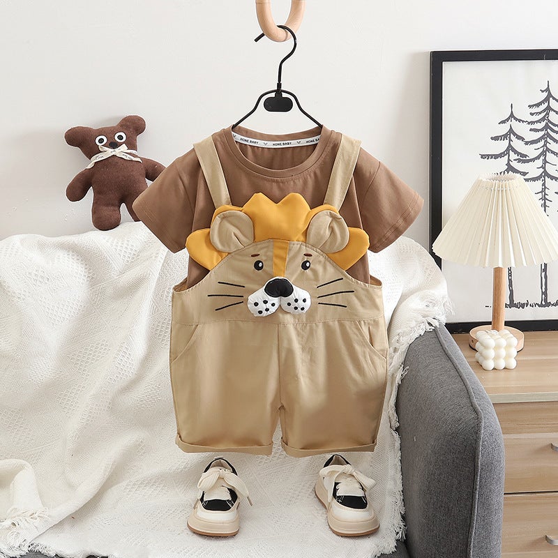 Babys Fashion Short-sleeved suit Summer New Lion Strap Short-sleeved Two-piece Summer Clothes Handsome Western Style Trendy Brown