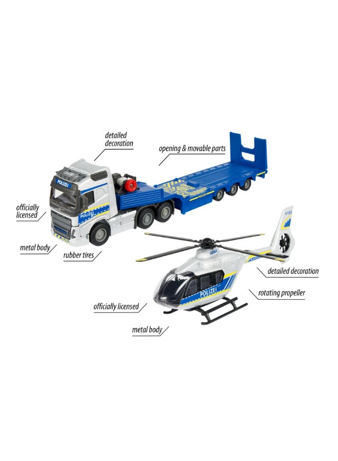 Majorette Volvo Truck + Airbus Police Helicopter, 35 cm Police Transporter Set with Trailer and 25.5 cm Airbus H135 Helicopter, Lights & Sound, Winch, Fold-Out Rotors, Diecast Toy for Kids Ages 3+ - Image 4