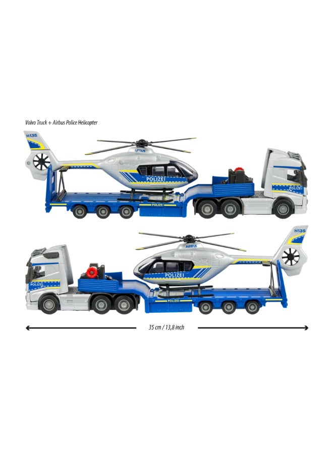Majorette Volvo Truck + Airbus Police Helicopter, 35 cm Police Transporter Set with Trailer and 25.5 cm Airbus H135 Helicopter, Lights & Sound, Winch, Fold-Out Rotors, Diecast Toy for Kids Ages 3+ - Image 3