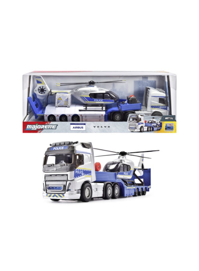 Majorette Volvo Truck + Airbus Police Helicopter, 35 cm Police Transporter Set with Trailer and 25.5 cm Airbus H135 Helicopter, Lights & Sound, Winch, Fold-Out Rotors, Diecast Toy for Kids Ages 3+ - Image 1