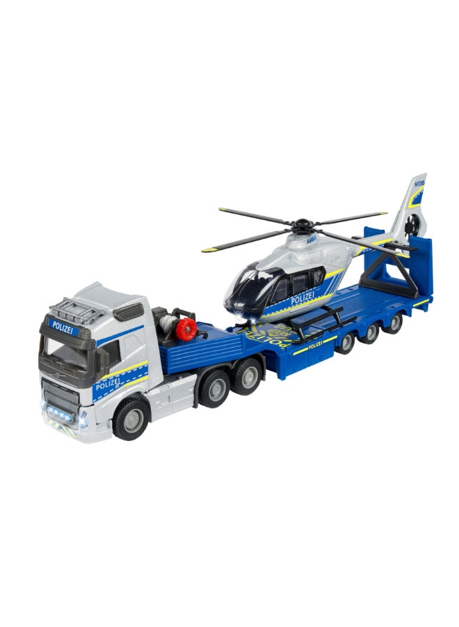 Majorette Volvo Truck + Airbus Police Helicopter, 35 cm Police Transporter Set with Trailer and 25.5 cm Airbus H135 Helicopter, Lights & Sound, Winch, Fold-Out Rotors, Diecast Toy for Kids Ages 3+ - Image 2