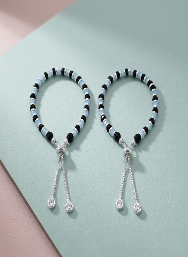 Parnika 925 Traditional Black & Colourful Crystals Baby Nazariya Bracelet in Pure 92.5 Sterling Silver for Kids - One pair (Design 6) - Image 2