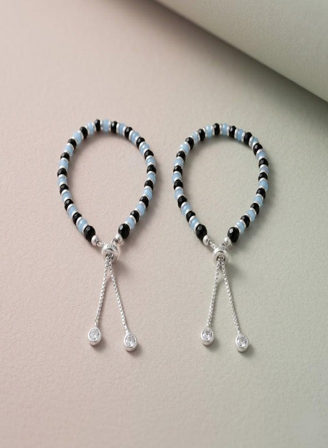 Parnika 925 Traditional Black & Colourful Crystals Baby Nazariya Bracelet in Pure 92.5 Sterling Silver for Kids - One pair (Design 6) - Image 3