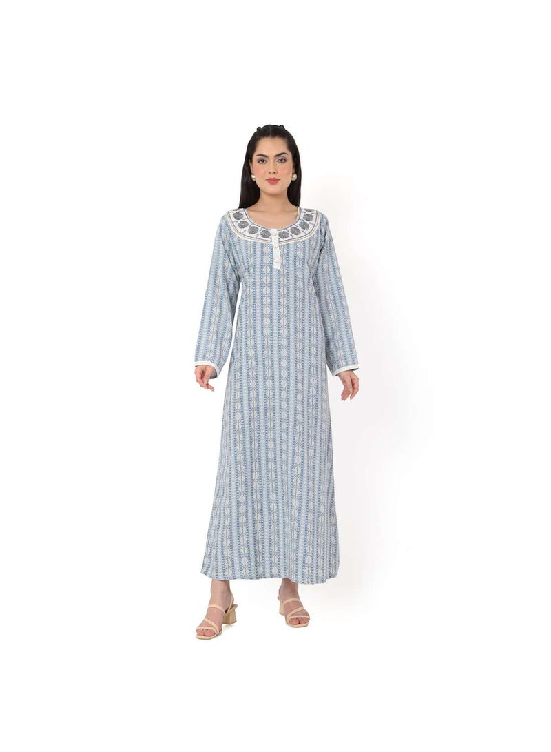 HANA & SARA LONG UNIQUE STYLE PRINTED NECK EMBROIDERED CASUAL ARABIC KAFTAN JALABIYA DRESSES - Image 1