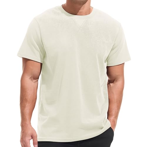 VEIISAR Men's Mini Waffle Knit Crew Neck T-Shirt - 210gsm Ultra-Fine Textured Cotton Tee - 1mm Micro Grid Breathable Top（ Beige L） - Image 1