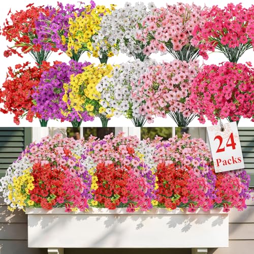 Alupssuc 24 Bundles Artificial Flowers for Outdoors Decoration UV Resistant Silk Faux Daisy Flora Spring Fake Plastic Plants Greenery for Outside Indoor Yard Home Porch Window Box Decor Mix 6 Colors - Image 3