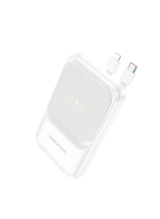 بوروفون بنك الطاقة الرقمي بوروفون سبنسر، شحن سلكي USB-A بقوة 22.5 وات + شحن لاسلكي مغناطيسي بقوة 15 وات مع كابلات USB-C وLightning مدمجة، 10000 مللي أمبير/ساعة، 3 منافذ، أبيض - BJ26 - Image 1