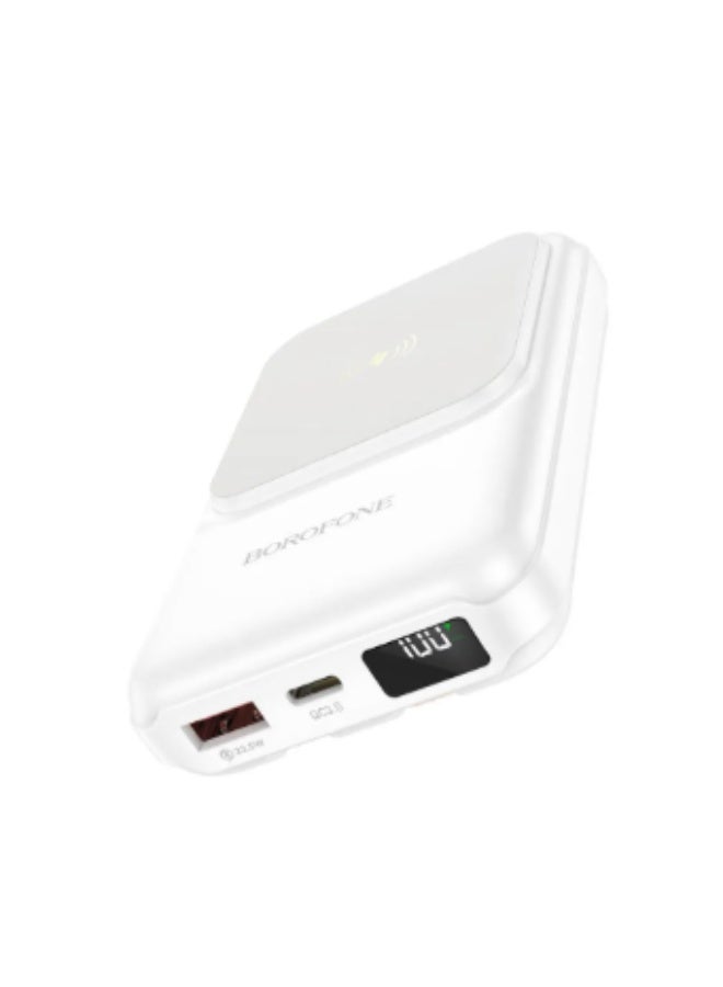 بوروفون بنك الطاقة الرقمي بوروفون سبنسر، شحن سلكي USB-A بقوة 22.5 وات + شحن لاسلكي مغناطيسي بقوة 15 وات مع كابلات USB-C وLightning مدمجة، 10000 مللي أمبير/ساعة، 3 منافذ، أبيض - BJ26 - Image 2