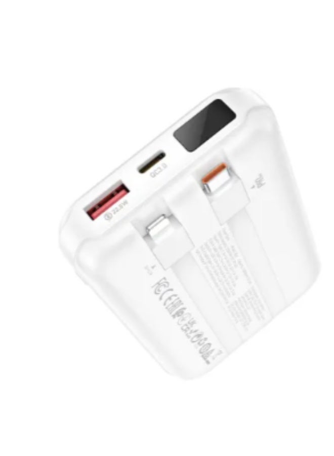 بوروفون بنك الطاقة الرقمي بوروفون سبنسر، شحن سلكي USB-A بقوة 22.5 وات + شحن لاسلكي مغناطيسي بقوة 15 وات مع كابلات USB-C وLightning مدمجة، 10000 مللي أمبير/ساعة، 3 منافذ، أبيض - BJ26 - Image 3