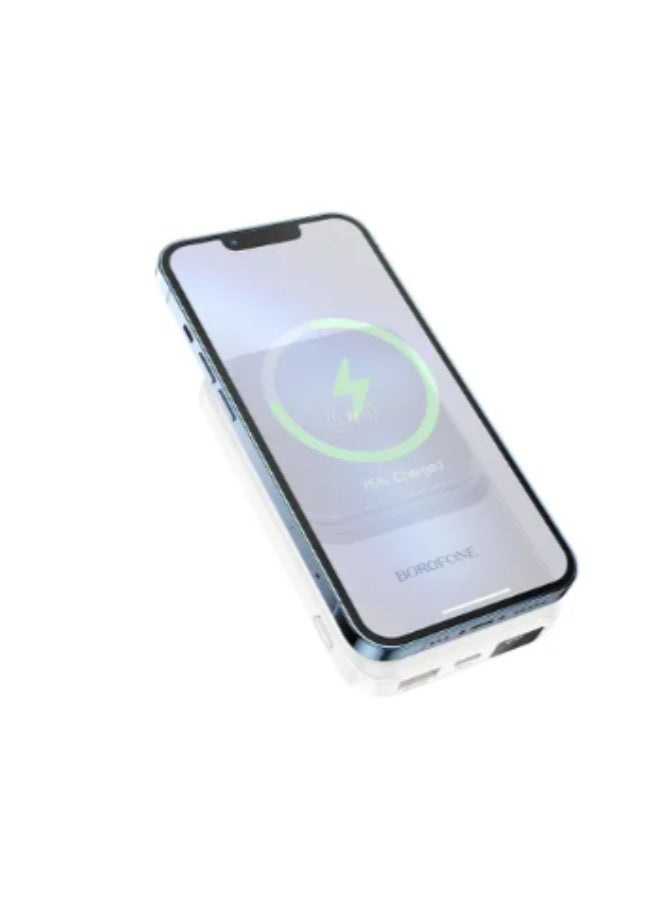 بوروفون بنك الطاقة الرقمي بوروفون سبنسر، شحن سلكي USB-A بقوة 22.5 وات + شحن لاسلكي مغناطيسي بقوة 15 وات مع كابلات USB-C وLightning مدمجة، 10000 مللي أمبير/ساعة، 3 منافذ، أبيض - BJ26 - Image 4