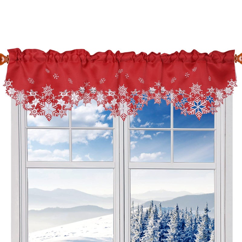 Simhomsen Embroidered Snowflakes Kitchen Window Curtain Valance W 58 L 15 Inches for Christmas Holidays Decorations Snowflakes red