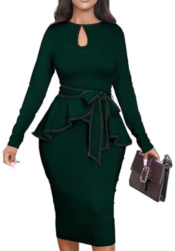 Yiershu Women Dress Elegant Peplum Business Dresses Sexy Split Long Sleeve Bodycon Knee Length Formal Pencil Back Zipper Dress(Dark Green,XL) - Image 1