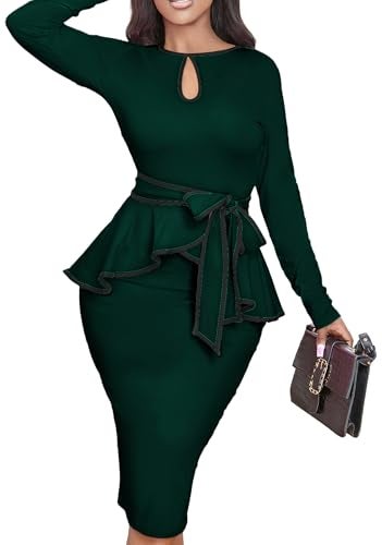 Yiershu Women Dress Elegant Peplum Business Dresses Sexy Split Long Sleeve Bodycon Knee Length Formal Pencil Back Zipper Dress(Dark Green,XL) - Image 5