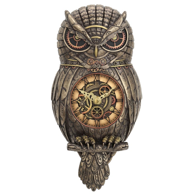 Veronese Design 12.5" Tall Steampunk Owl Pendulum Wall Clock Cold Cast Resin Antique Bronze Finish Wall Sculpture - Image 1