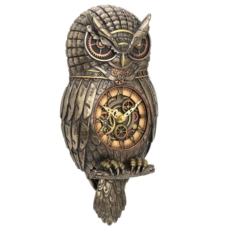 Veronese Design 12.5" Tall Steampunk Owl Pendulum Wall Clock Cold Cast Resin Antique Bronze Finish Wall Sculpture - Image 2