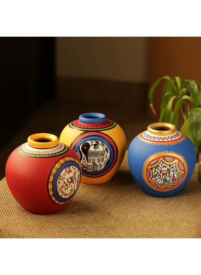 ExclusiveLane Madhubani & Warli Handpainted Living Room & Bedside Home Decorative Flower Terracotta Vases (Set Of 3 Blue Yellow & Red) (El 018 033) 14.0 Cm X 14.0 Cm X 15.2 Cm Earthenware - Image 1