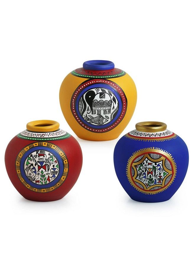 ExclusiveLane Madhubani & Warli Handpainted Living Room & Bedside Home Decorative Flower Terracotta Vases (Set Of 3 Blue Yellow & Red) (El 018 033) 14.0 Cm X 14.0 Cm X 15.2 Cm Earthenware - Image 4