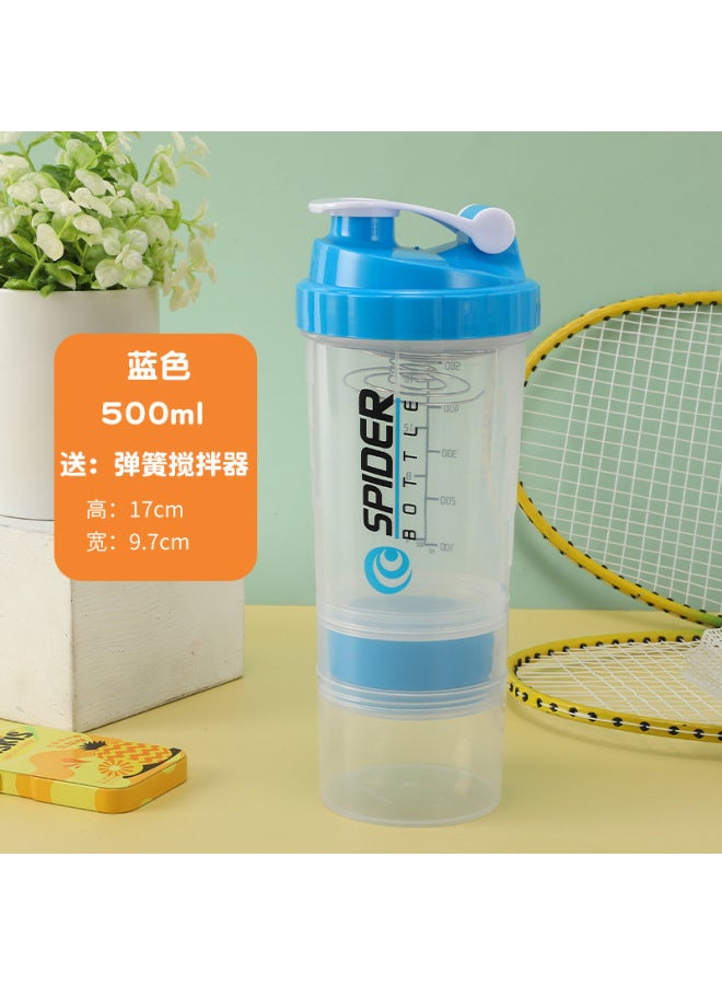 SPIDER BOTTLE Blue-transparent 500ml Three-layer Shaker Cup, Large-capacity Fitness Water Cup, Sports Water Bottle, Protein Powder Milkshake Shaker Cup, Plastic Cup - Image 1