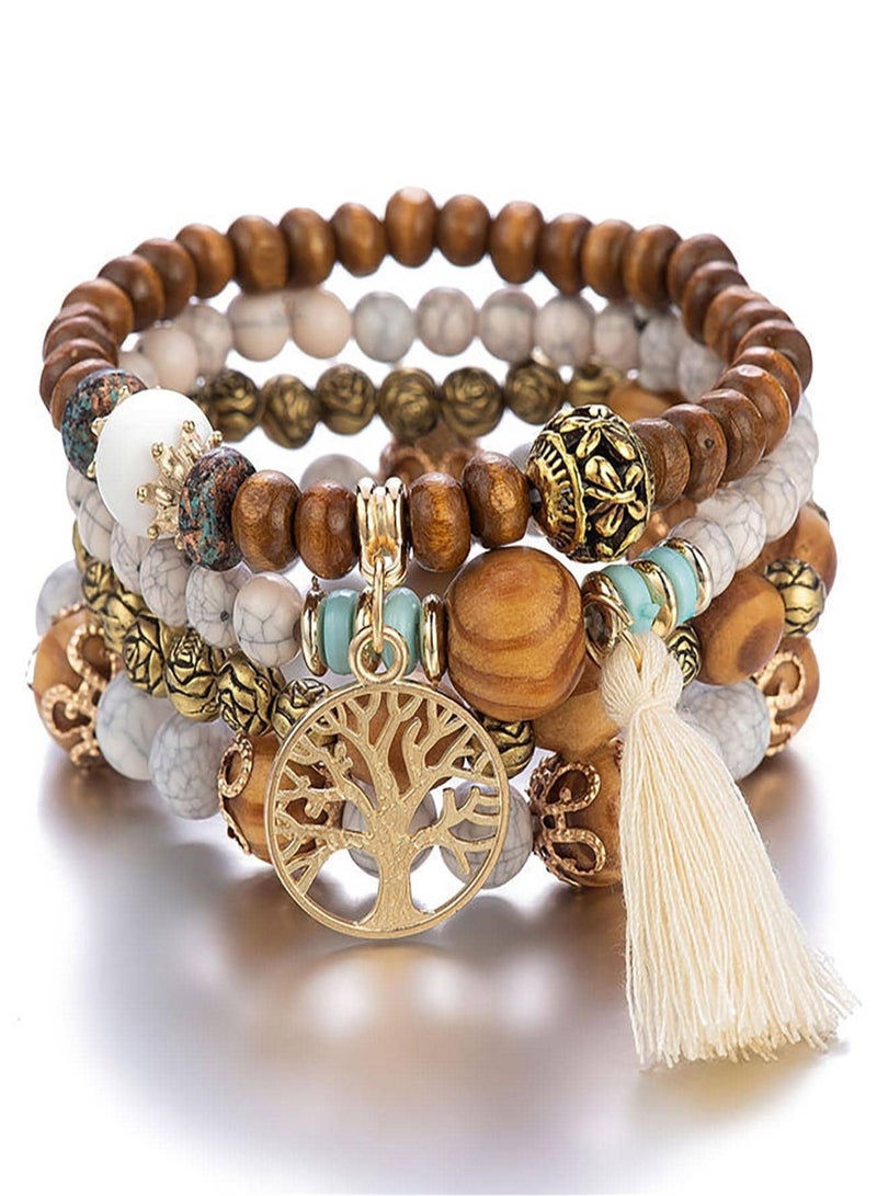 Multi-Layer Wooden Beaded Bracelet Set with Tree of Life Pendant – Women’s Accessories