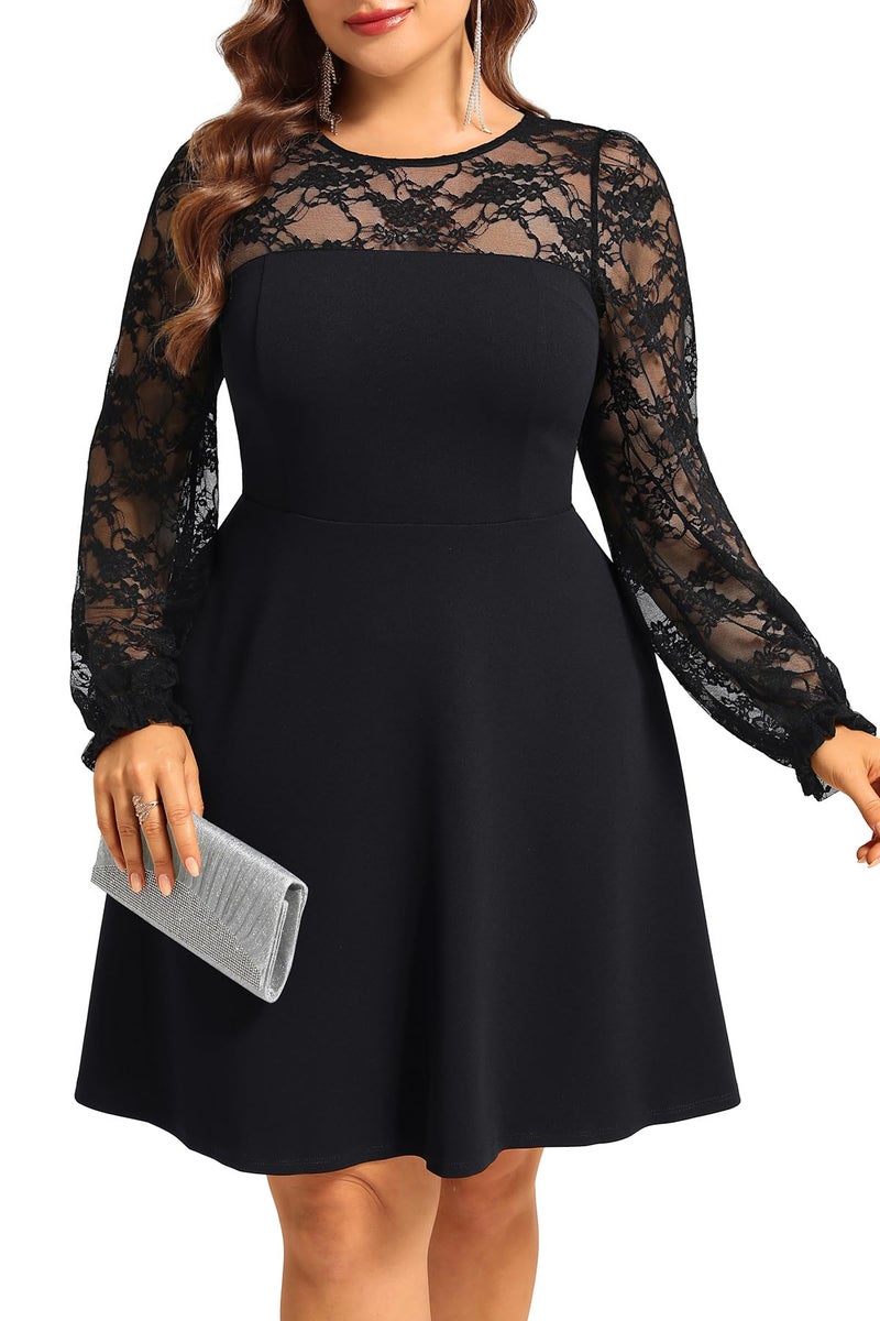 Talisea Plus Size Black Dress Cocktail Wedding Guest Funeral Lace Long Sleeve Little Black Semi Formal A line Short Dresses - Image 2