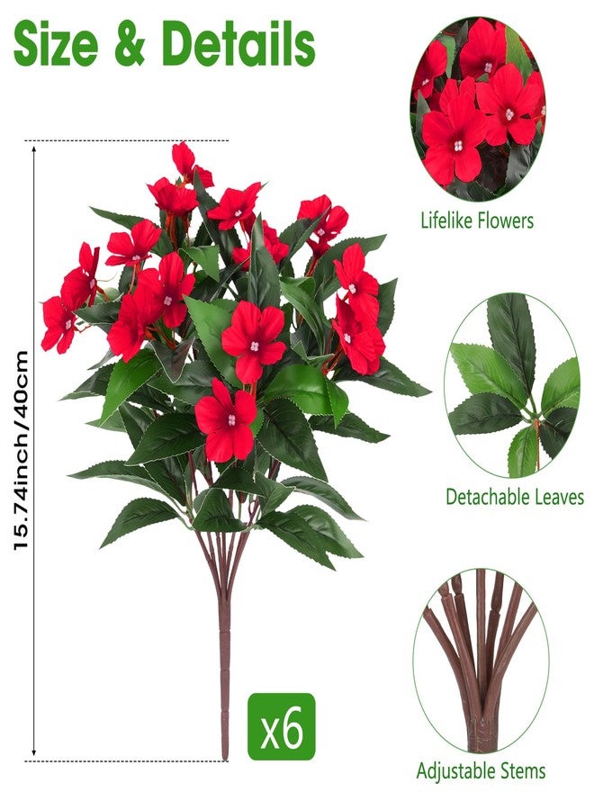 Besteek 6 Pcs Artificial Flowers for Outdoors Fake Silk Periwinkle Flowers Faux Plants UV Resistant Bouquet Decorations for Planters Spring Summer Garden Porch Patio Window Box Balcony Home, Red - Image 2
