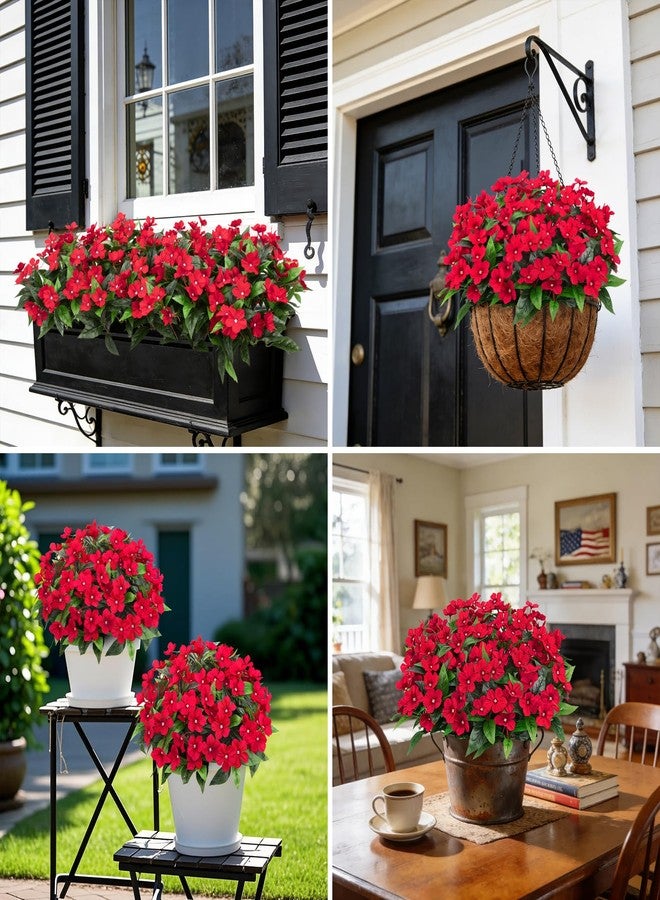 Besteek 6 Pcs Artificial Flowers for Outdoors Fake Silk Periwinkle Flowers Faux Plants UV Resistant Bouquet Decorations for Planters Spring Summer Garden Porch Patio Window Box Balcony Home, Red - Image 5
