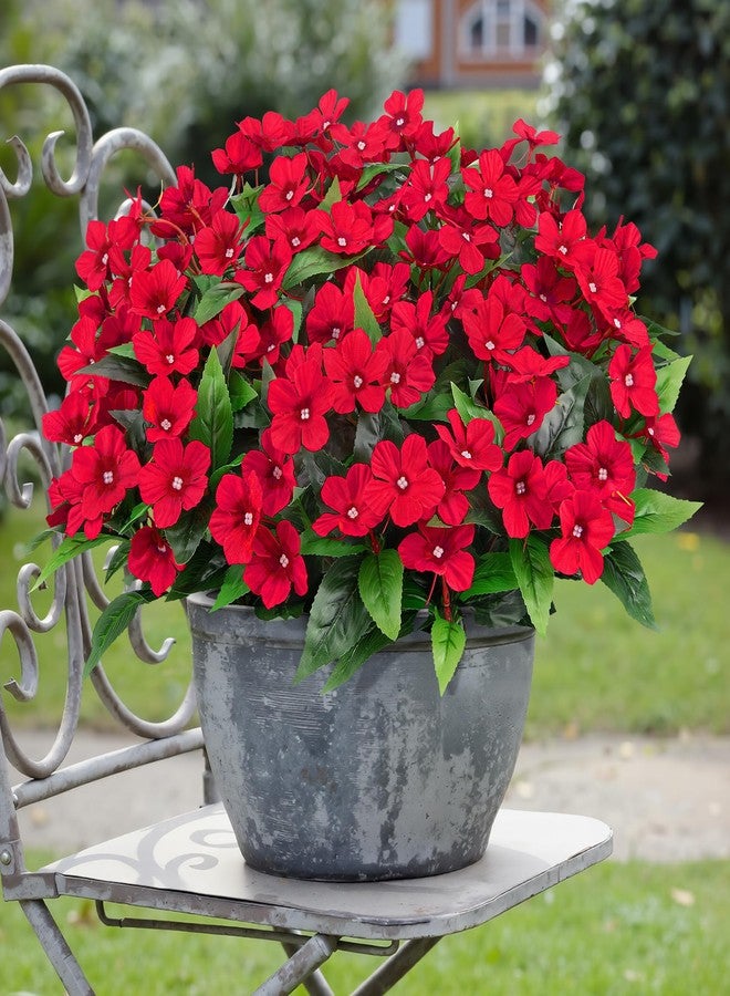 Besteek 6 Pcs Artificial Flowers for Outdoors Fake Silk Periwinkle Flowers Faux Plants UV Resistant Bouquet Decorations for Planters Spring Summer Garden Porch Patio Window Box Balcony Home, Red - Image 1