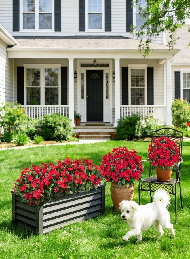 Besteek 6 Pcs Artificial Flowers for Outdoors Fake Silk Periwinkle Flowers Faux Plants UV Resistant Bouquet Decorations for Planters Spring Summer Garden Porch Patio Window Box Balcony Home, Red - Image 3