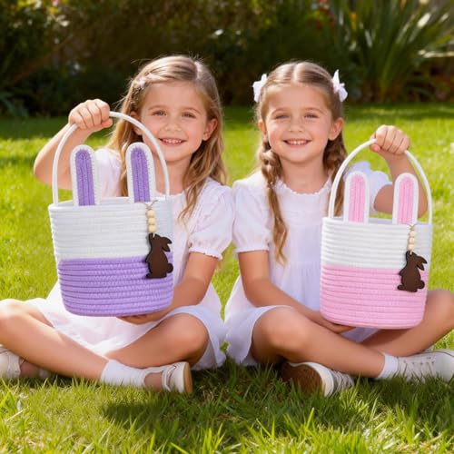 K-MLICE Easter Basket Empty 2 PCS Bunny Woven Rope Easter Baskets for Kids Easter Hunt Baskets with Handle Bags Easter Gifts for Kids Toddlers Girls Boys Teens Set of 2 Pink and Purple - Image 4