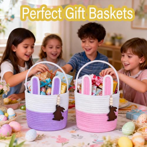 K-MLICE Easter Basket Empty 2 PCS Bunny Woven Rope Easter Baskets for Kids Easter Hunt Baskets with Handle Bags Easter Gifts for Kids Toddlers Girls Boys Teens Set of 2 Pink and Purple - Image 5