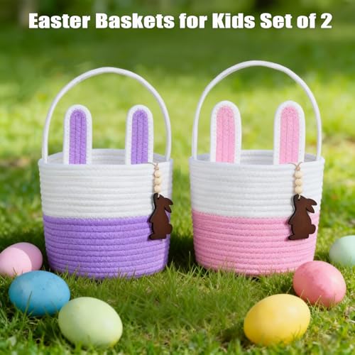 K-MLICE Easter Basket Empty 2 PCS Bunny Woven Rope Easter Baskets for Kids Easter Hunt Baskets with Handle Bags Easter Gifts for Kids Toddlers Girls Boys Teens Set of 2 Pink and Purple - Image 2