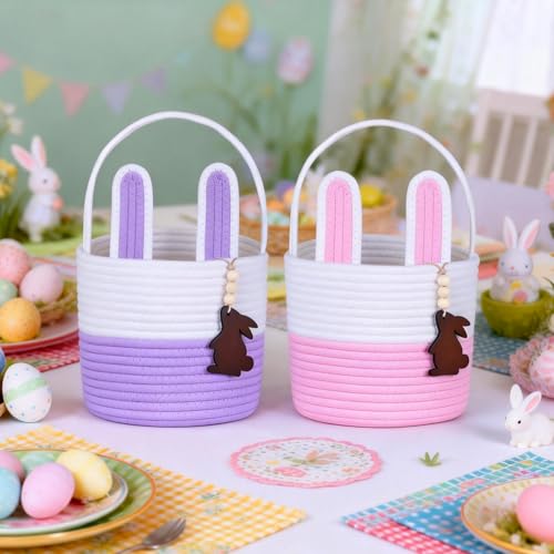 K-MLICE Easter Basket Empty 2 PCS Bunny Woven Rope Easter Baskets for Kids Easter Hunt Baskets with Handle Bags Easter Gifts for Kids Toddlers Girls Boys Teens Set of 2 Pink and Purple - Image 3